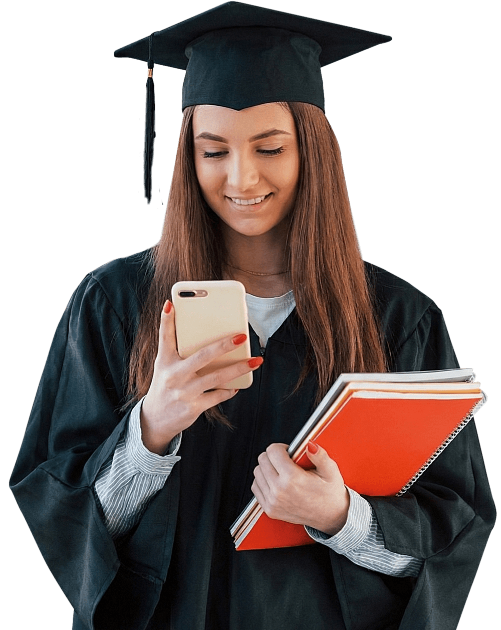 Graduate looking at phone